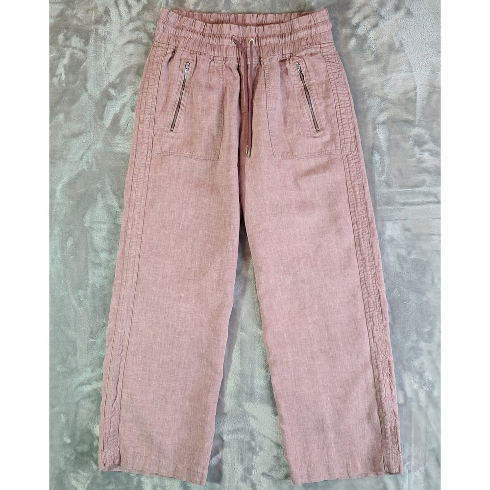 Athleta Cabo Linen Wide Leg Pant 6 Pink Mauve Smocked Drawstring Elastic Casual